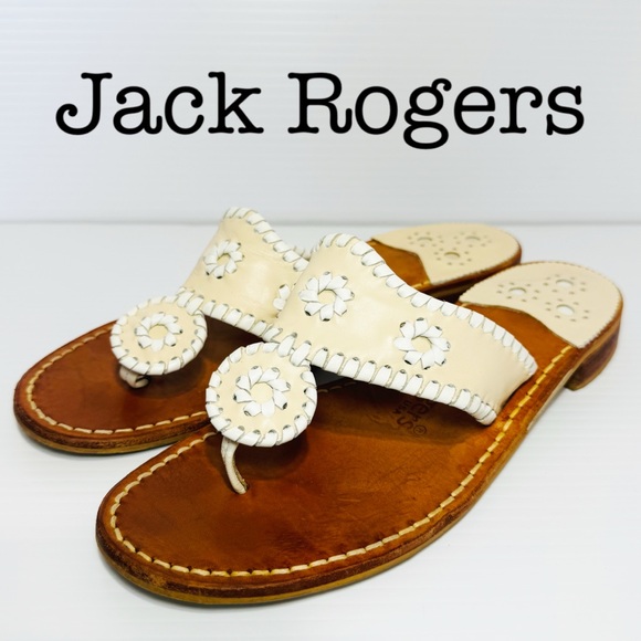 Jack Rogers Whipstitched Cream Boho Leather Thong Sandals Size 9 - Picture 1 of 13